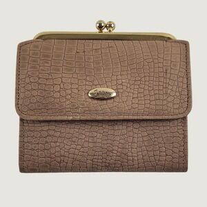Vintage John Weitz Leather Wallet Taupe Brown Croc Embossed Kiss Lock Billfold